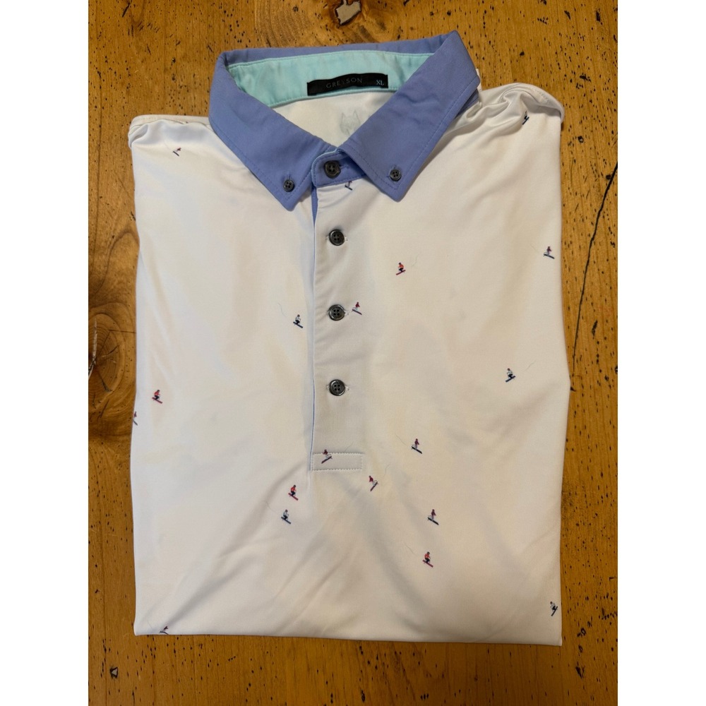Greyson Polo XL Mens White Blue Skier Print Short Sleeve Golf Shirt Performance